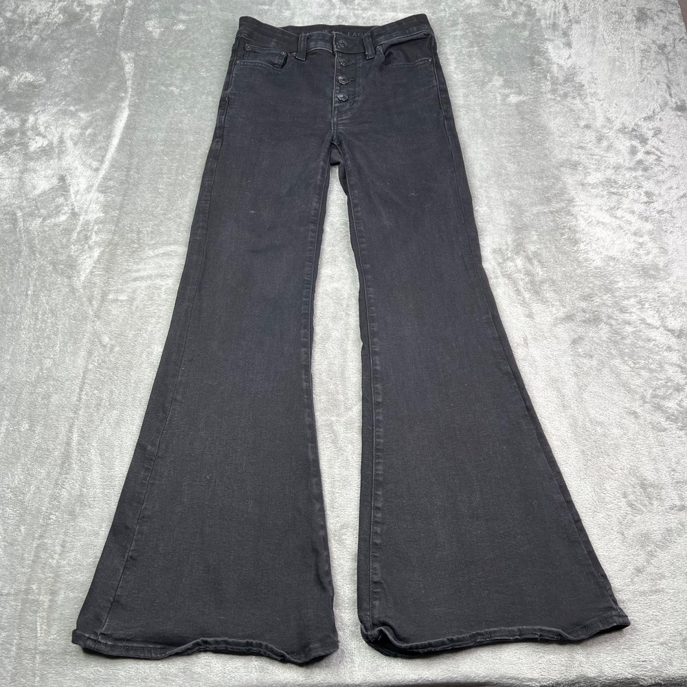 American Eagle Jeans Womens 2 Black‎ Festival Flare Button Fly Dark Wash Stretch